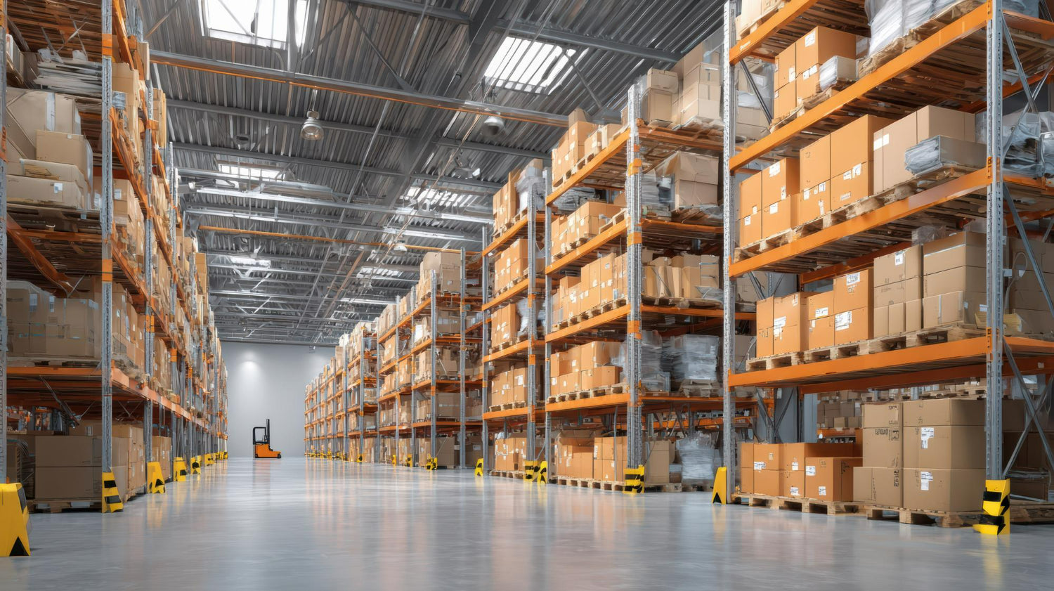 Magazijnstellingen met opgeslagen dozen en pallets in het fulfilmentcentrum van Pick & Pack.