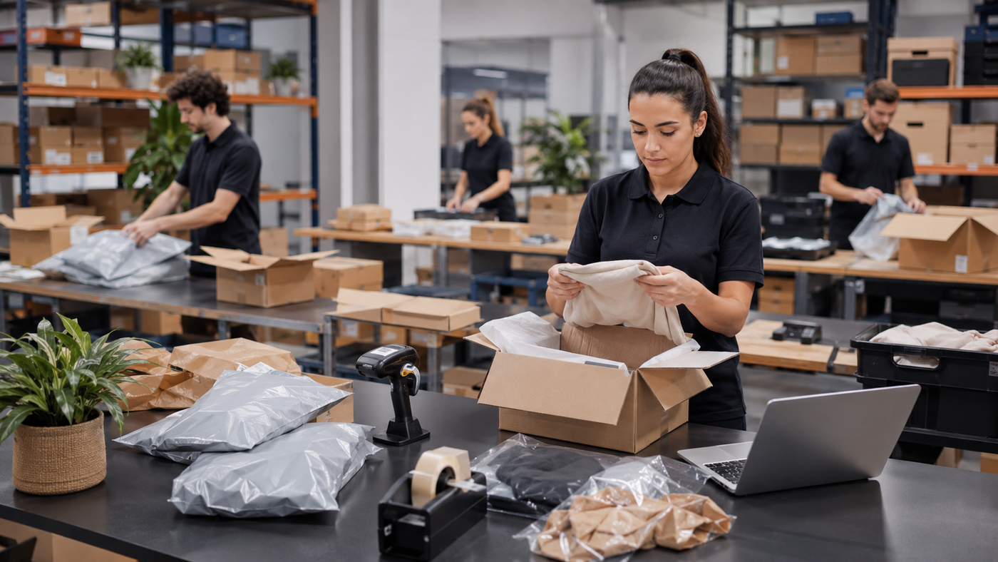 Medewerker van Pick & Pack verwerkt retourzendingen in het fulfilmentmagazijn.